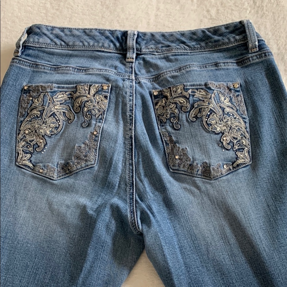 White House Black Market Blue Flare Jeans with Embellished Pockets